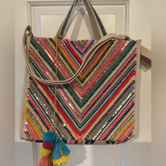 America & Beyond Handbags - America & Beyond Chevron Boho Multicolor Pom-Pom Embroidered Crossbody Tote Bag
